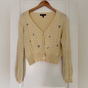 Witty Fox Yellow Floral Embroidered Cropped Cardigan Sweater Whimsy Large